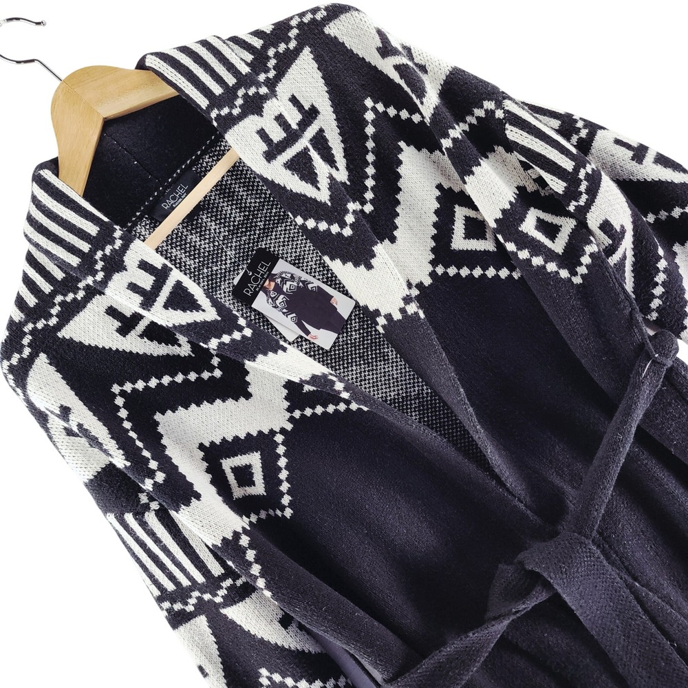Rachel Rachel Roy Cardigan Womens S Black White Geometric Belted Cotton Wool